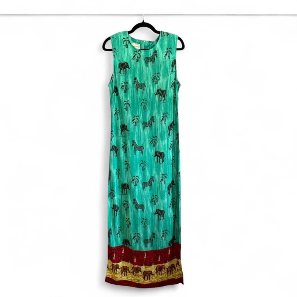 Vintage 90s Safari‎ Dress Women's Size Large Karin Stevens Teal Animals Zebra